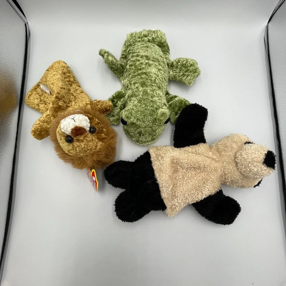 Lot of 3 Animal Hand Puppets Furry Plush Lion Panda Frog, Woods Forest Mountains